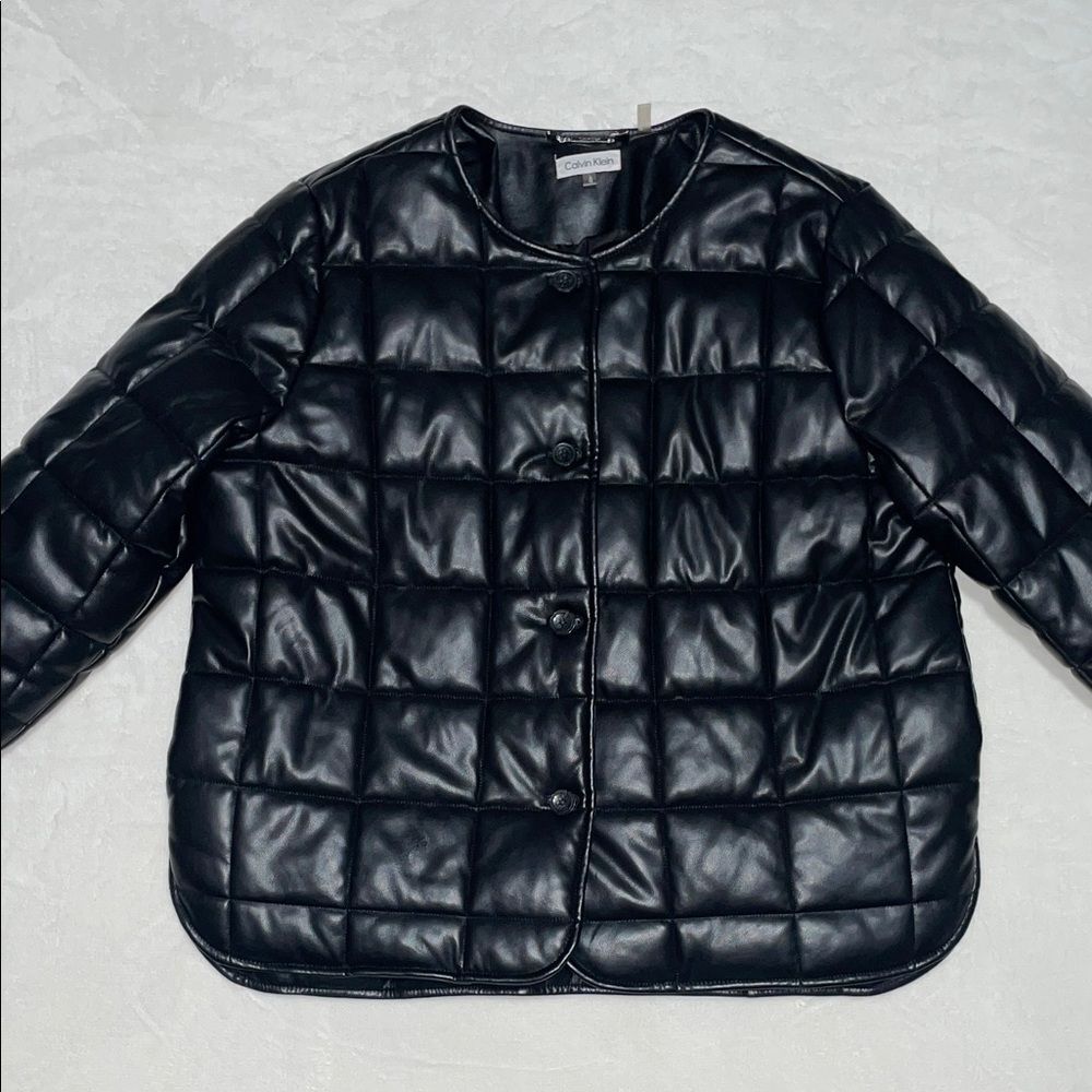 Calvin Klein Women’s Black Quilted Faux-Leather Puffer Jacket